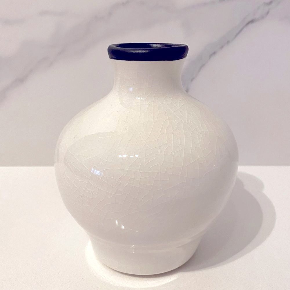 NEW Beautiful Crackled Ceramic Bud Vase. Bone White and Black. 3.5” W x 4.75” H.